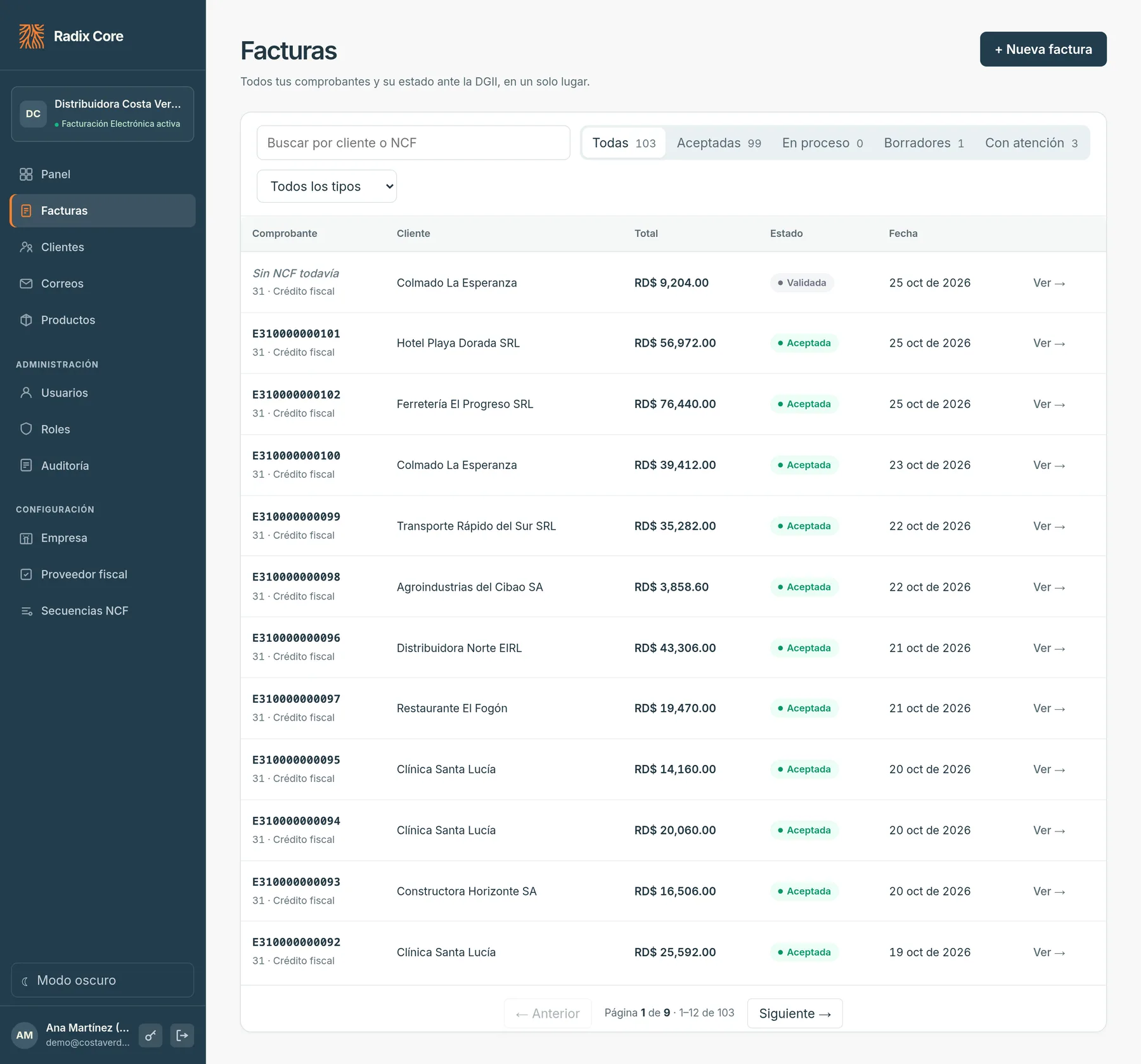 Listado de facturas